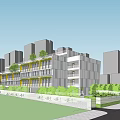 Modern School Building Open Multi Story Structure With Basketball Court Green Lawn And Students Activities