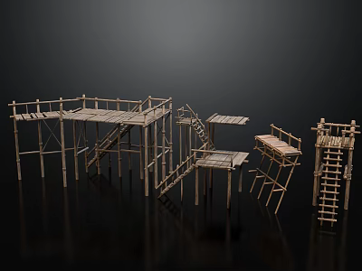 Bamboo Scaffolding Construction Structures With Multiple Platforms Ladders And Support Frames 3d model
