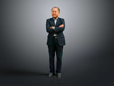 A Man in Dark Suit Standing with Arms Crossed Against Gray Gradient Background 3d model
