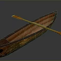 Elegant Handcrafted Wooden Canoe With Long Paddle On Dark Surface And Detailed Hull