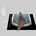 Elegant Tableware Set with Square Blue Plate Brown Napkin Black Placemat Wine Glass and Fork