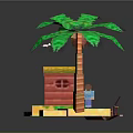 Tropical Island Scene With Palm Tree Red House Small Boat Wavy Water And Flying Airplane