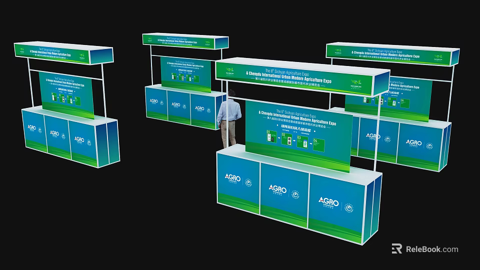 Multiple Blue And Green Booth Design With Display Cabinets And Advertising 3d model 