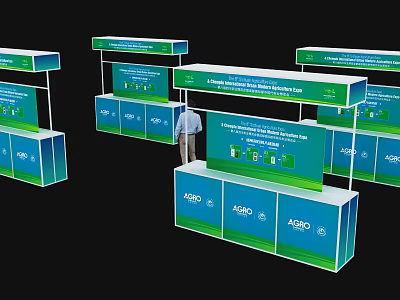 Multiple Blue And Green Booth Design With Display Cabinets And Advertising 3d model