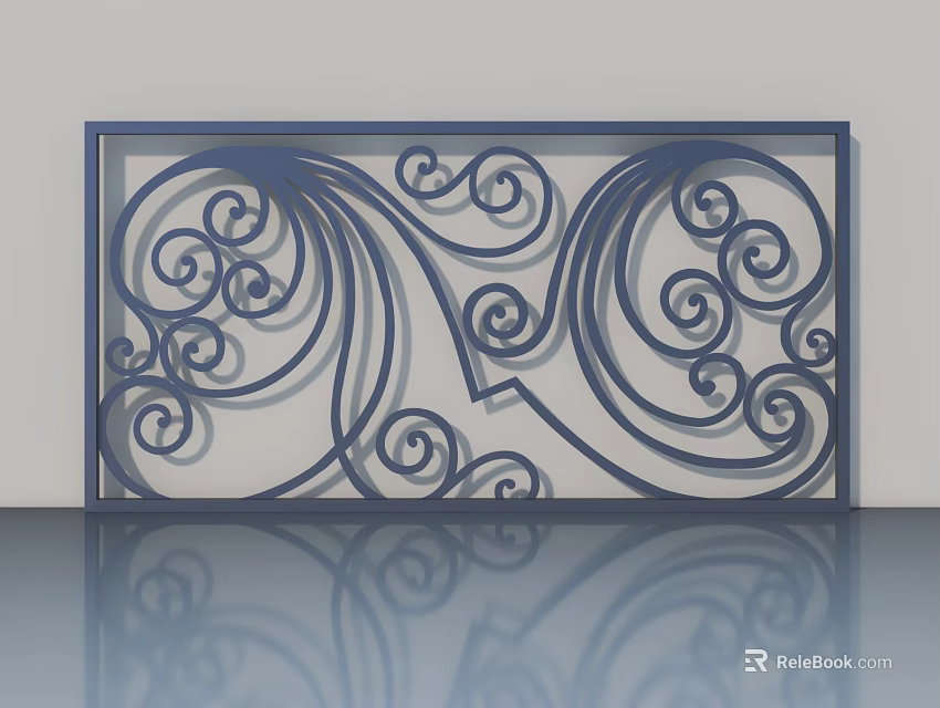Blue Hinged Door With Intricate Scroll Cutout Design And Frame Reflection 3d model