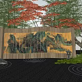 Traditional Garden With Wooden Screen Landscape Painting Red Maple Green Plants Moss And Stones