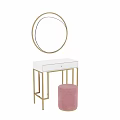 Stylish Modern Dressing Table With Round Gold Frame Mirror And Pink Velvet Stool