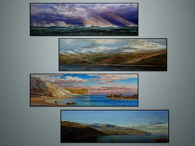 Scenic Landscape Paintings Featuring Ocean Views Mountain Ranges Coastal Scenes Sandy Beaches And Boats 3d model