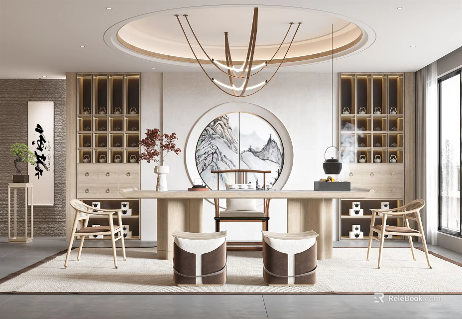 Modern Tea Room Interior With Circular Chandelier Decorative Painting Wooden Shelves And Tea Sets 3d model 