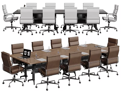 Modern Conference Table With Brown Tabletop Brown Rolling Chairs Laptop And Water Glasses 3d model