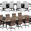 Modern Conference Table With Brown Tabletop Brown Rolling Chairs Laptop And Water Glasses