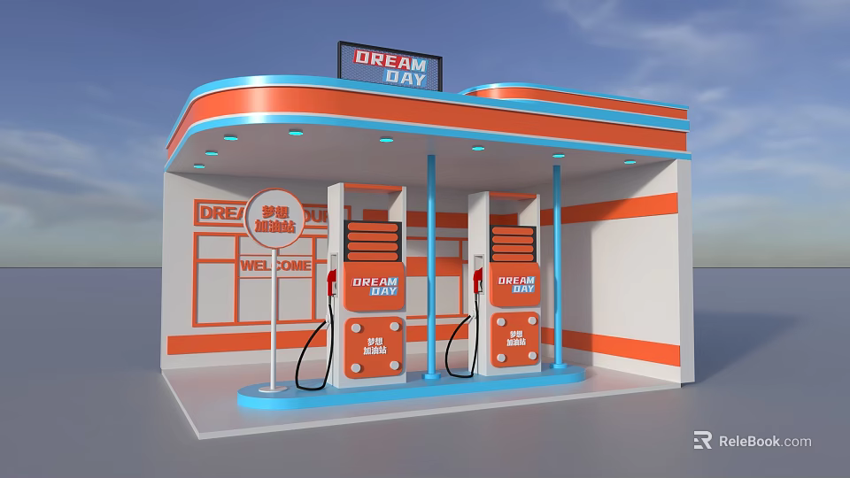 Dream Brand Gas Station With Orange Blue Canopy And Fuel Pumps 3d model 
