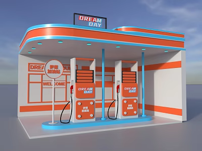Dream Brand Gas Station With Orange Blue Canopy And Fuel Pumps 3d model