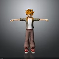 3D Character With Orange Spiky Hair Gray Jacket White Shirt Red Shoes Arms Outstretched