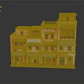 Traditional Multi Story Building Model With Colorful Facades Balconies And Green Awnings