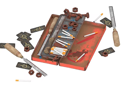 Rusty Metal Toolbox with Hardware Tools Screwdrivers Wrenches Nuts Bolts and Labels 3d model