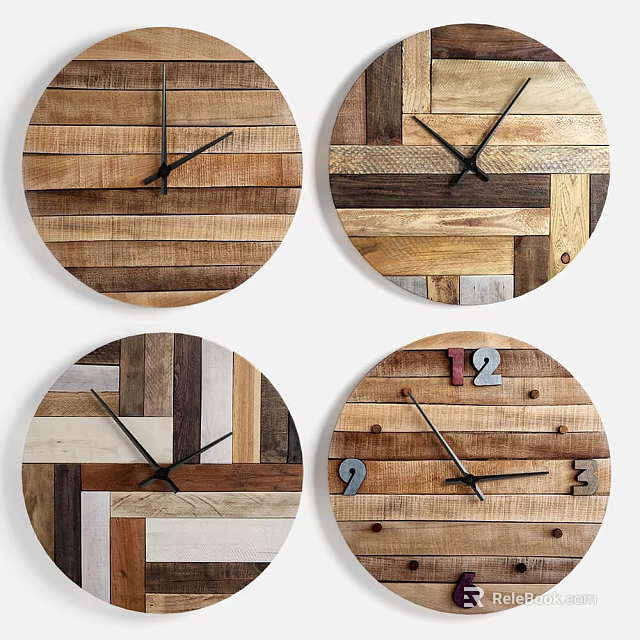 Rustic Round Wooden Clocks With Reclaimed Wood Patchwork And Decorative Numerals 3d model