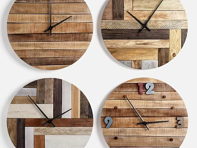 Rustic Round Wooden Clocks With Reclaimed Wood Patchwork And Decorative Numerals 3d model