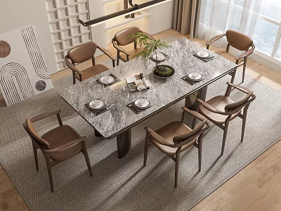 Modern Dining Table Set With Marble Top Brown Chairs Potted Plant Plates On Rug 3d model