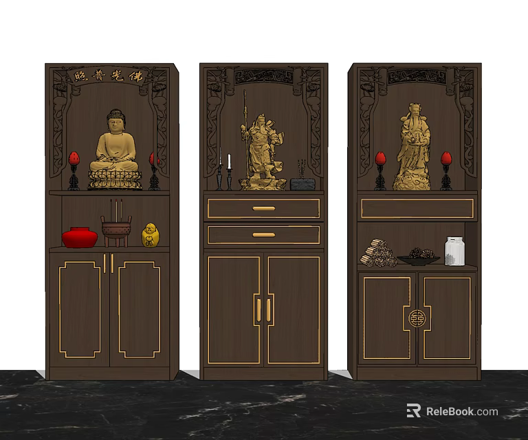 Traditional Chinese Buddhist Shrine Cabinet With Dark Brown Golden Decorations Buddha Statues And Ornaments 3d model 