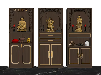 Traditional Chinese Buddhist Shrine Cabinet With Dark Brown Golden Decorations Buddha Statues And Ornaments 3d model