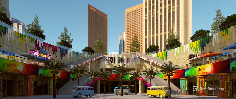 Vibrant Commercial Street Entrance with Tall Buildings Colorful Decorations Palm Trees and Vans 3d model 