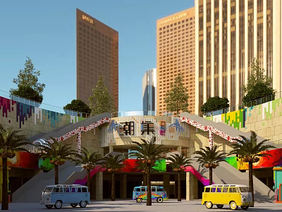 Vibrant Commercial Street Entrance with Tall Buildings Colorful Decorations Palm Trees and Vans 3d model