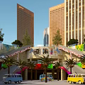 Vibrant Commercial Street Entrance with Tall Buildings Colorful Decorations Palm Trees and Vans
