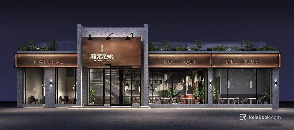 Modern Restaurant Exterior At Night With Illuminated Signage Green Plants And Glass Facade 3d model 