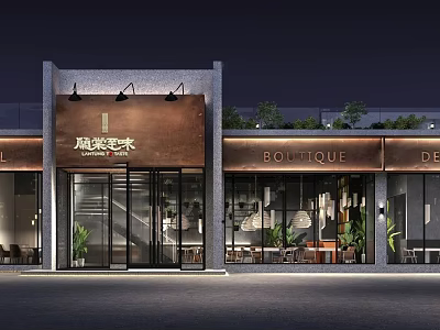 Modern Restaurant Exterior At Night With Illuminated Signage Green Plants And Glass Facade 3d model