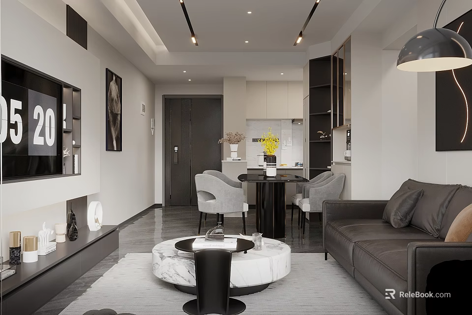 Modern Living And Dining Room Interior With Sofa Coffee Table Dining Set And Pendant Lights 3d model 
