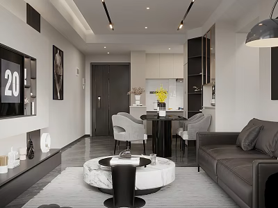 Modern Living And Dining Room Interior With Sofa Coffee Table Dining Set And Pendant Lights 3d model
