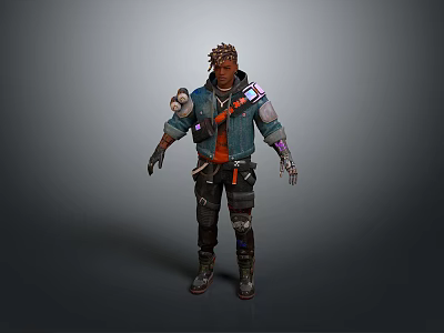 Detailed 3D Cyberpunk Character Model With Blue Jacket Mechanical Arm And Braided Hair 3d model