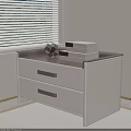 White Bedside Table With Two Drawers Fabric Handles And Stacked Boxes Decor 3d model