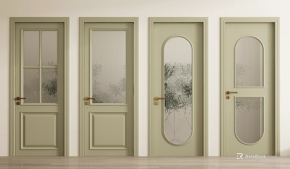 Light Green Modern Hinged Doors With Various Glass Designs And Golden Handles 3d model 
