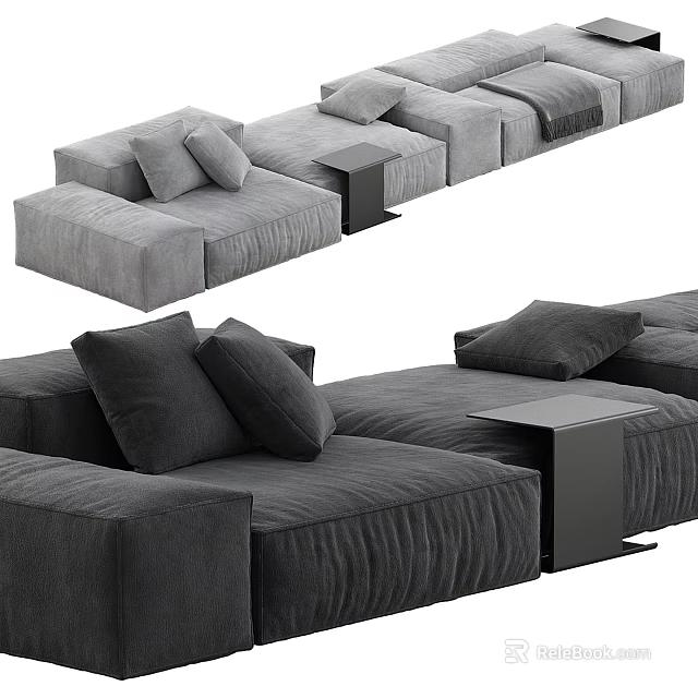 Modern Gray Sectional Sofa with Multiple Cushions and Black Side Table 3d model