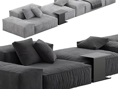 Modern Gray Sectional Sofa with Multiple Cushions and Black Side Table 3d model
