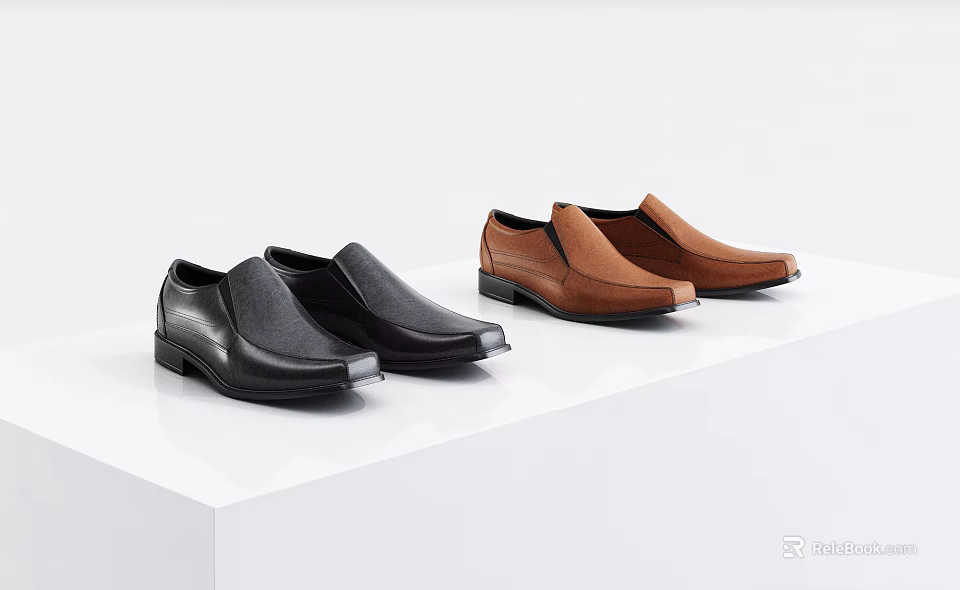 Black And Brown Leather Slip On Shoes Showcased On White Display Platform 3d model 
