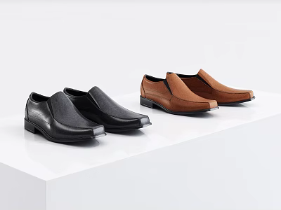 Black And Brown Leather Slip On Shoes Showcased On White Display Platform 3d model