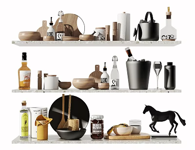 Stylish Kitchen Utensils Display on Shelves with Bowls Plates Kettle Bottles and Wine Glasses 3d model