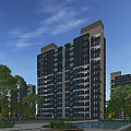 Modern High Rise Residential Building With Glass Exterior And Green Tree Surroundings