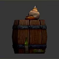 Wooden Barrel With Burning Skull Leather Pouch And Green Bottle