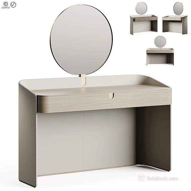 Modern Dressing Table With Round Mirror Wooden Top And Drawer Design 3d model 