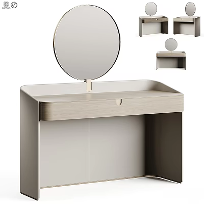 Modern Dressing Table With Round Mirror Wooden Top And Drawer Design 3d model