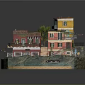 Cartoon Scene With Colorful Houses Balconies Striped Awning Green Plants Waterfront and Small Boat