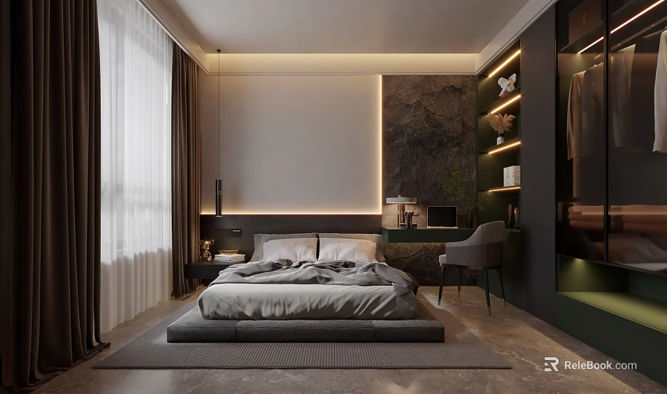 Modern Bedroom Interior Design With Gray Bedding Nightstand Table Lamp Dark Curtains And Marble Wall 3d model 
