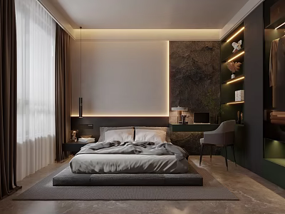 Modern Bedroom Interior Design With Gray Bedding Nightstand Table Lamp Dark Curtains And Marble Wall 3d model