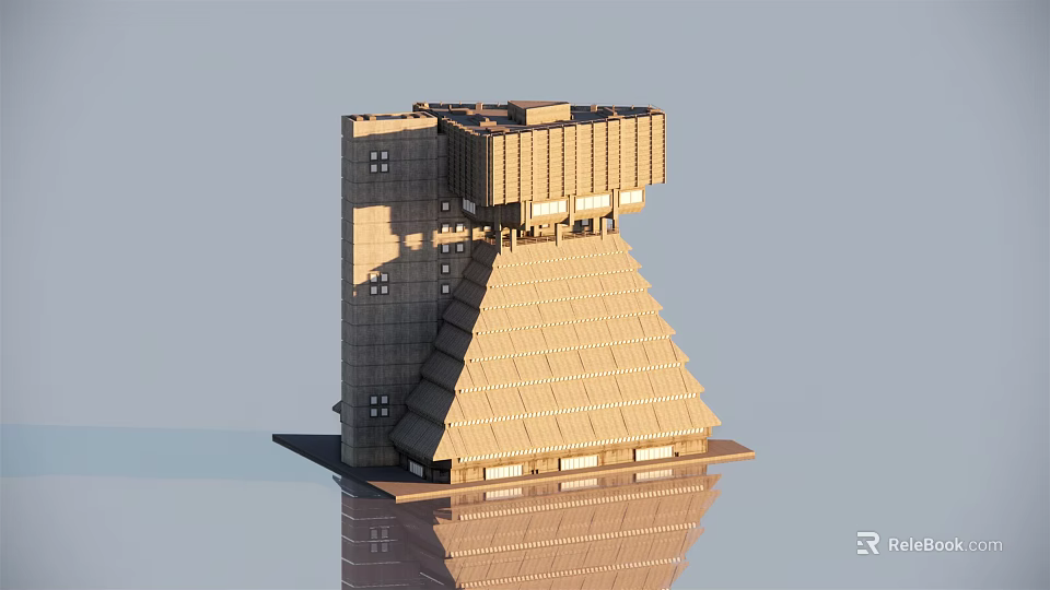 Modern Beige Pyramid Shaped Building With Multi Level Windows And Water Reflection 3d model