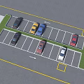 Parking Lot Featuring Parking Spaces Parked Colored Cars Green Grass Directional Arrows Yellow Line Markings