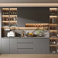 Modern Grey Wine Cabinet With Glass Doors Marble Countertop And Wine Bottles